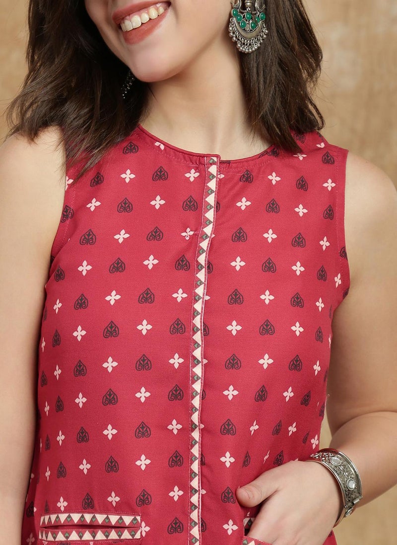 Globus Women Maroon Round Neck Mandarin Collar Ethnic Print Flared Tunic & Palazzos Fusion Co-Ord Set - Image 5